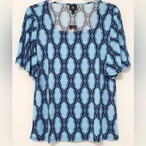 JM Collection Women's Size XL Montauk Blue Combo Square Neck Flutter Sleeve Top